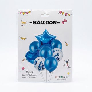 Kit de 8 Ballons de Fête Bleu Royal - Mix Étoile, Cœur et Confettis Bleus