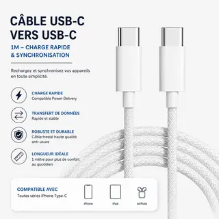 Câble iPhone USB-C vers USB-C 1M – Charge Rapide