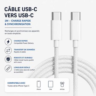 Câble iPhone USB-C vers USB-C 1M – Charge Rapide