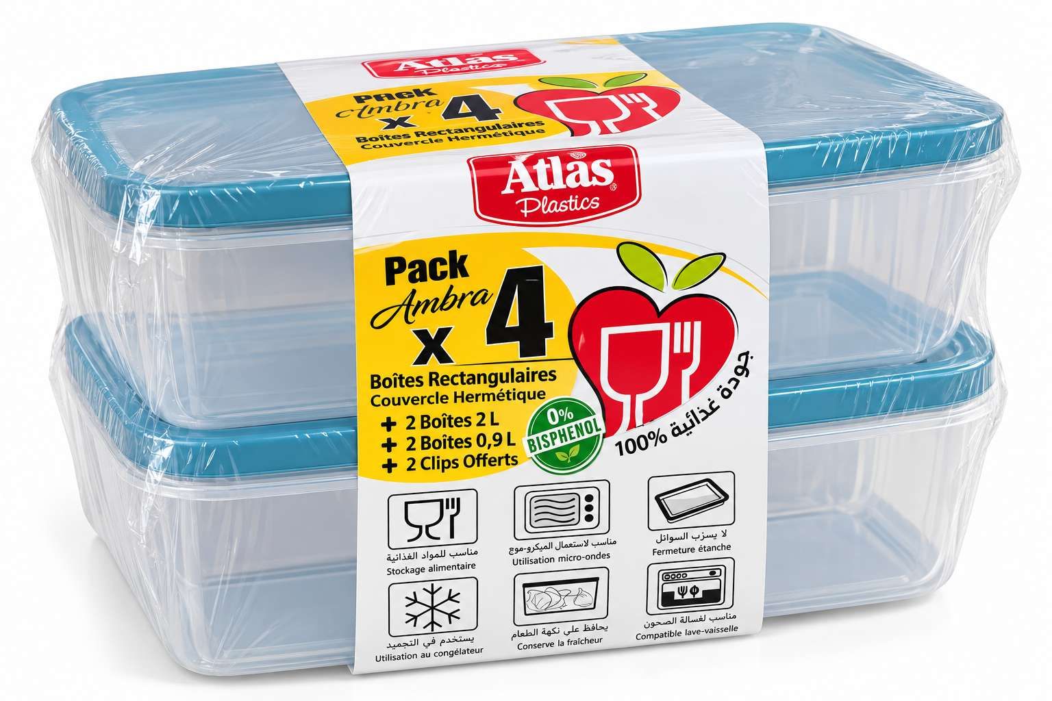 Atlas Plastic's Pack Ambra Boîtes Rectangulaires Hermétiques – 4 Boîtes (2 x 2 L + 2 x 0,9 L)