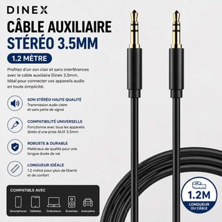 DINEX Câble Auxiliaire Stéréo 3.5 mm – 1.2 Mètre