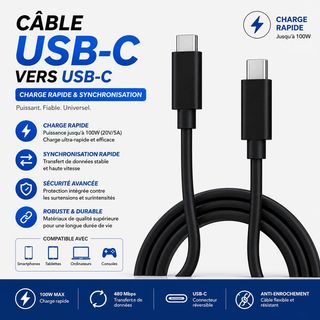 Câble USB-C vers USB-C – Charge Rapide & Synchronisation