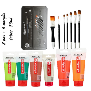 kit de 8 pcs pinceaux + 6 tubes de acrylic 75 ml(vert fonce+burnt sienna+buff titane fonce+vert jaunatre+orange azo+rouge naphtol clair)