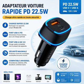 Adaptateur secteur de voiture PD Quick USB-C/A Noir