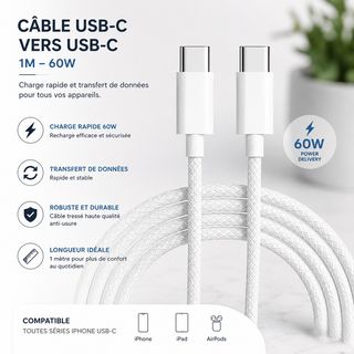 Câble USB-C vers USB-C 1M – Charge Rapide 60W