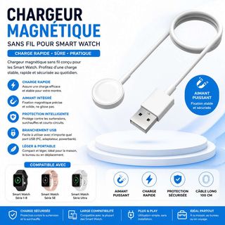 Chargeur magnétique sans fil pour montre connectée, 100 cm