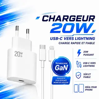 Chargeur GaN 20W USB-C vers Lightning – Rapide, Compact et Fiable