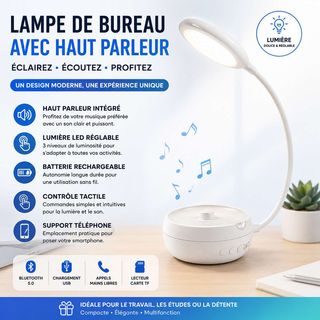 Lampe de bureau LED blanche avec haut-parleur Bluetooth