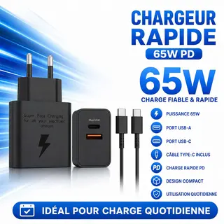 Chargeur rapide 65W PD avec ports USB-A + USB-C