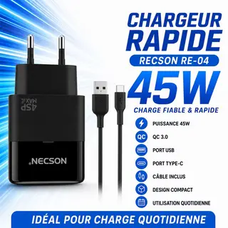 Chargeur Rapide Recson RE-04 Noir 45W avec câble Type-C