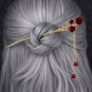 Zlatna ukosnica sa tri somotne ruže i visećim perlama