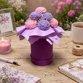 Aranžman ružičastih i ljubičastih svijeća u obliku ruža u premium dugoj ljubičastoj cilindričnoj kutiji