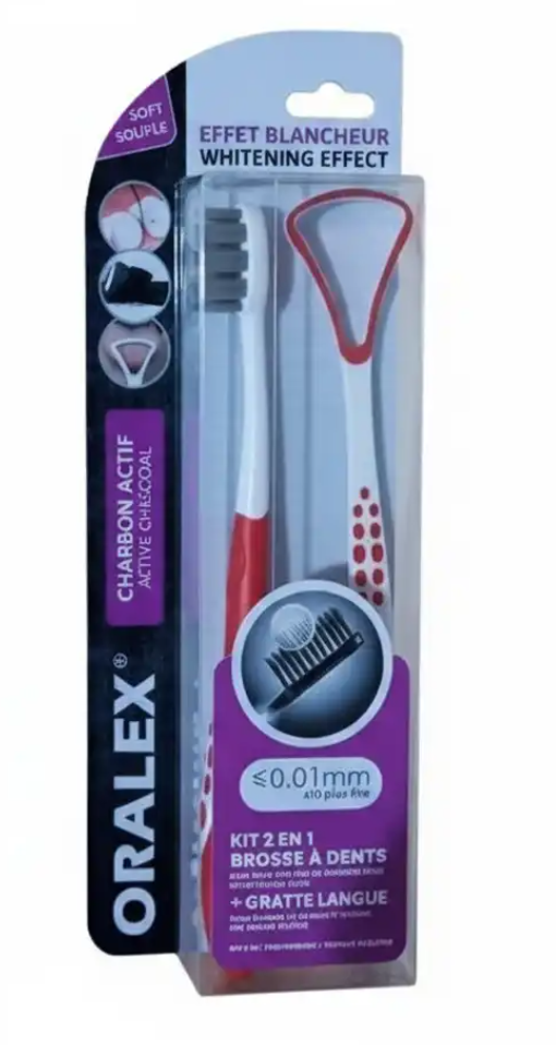 Oralex Kit 2 en 1 Brosse à Dents Charbon Actif Souple + Gratte-Langue