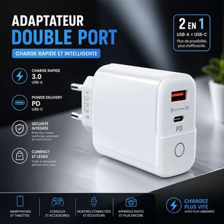 Adaptateur USB de charge rapide 2 en 1, blanc