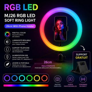 Lampe annulaire LED RGB MJ26 26 cm avec support téléphone