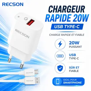 Chargeur Rapide Recson 20W USB vers Type-C – Fiable et Puissant