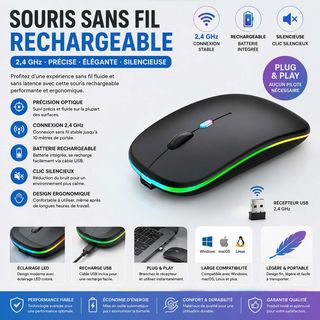 Souris USB sans fil rechargeable, 2,4 GHz