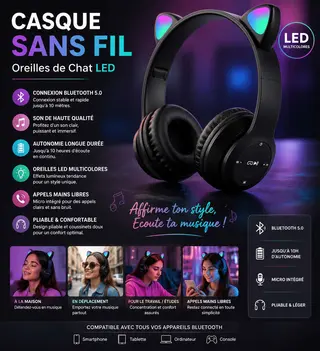 Casque Sans Fil LED Oreilles de Chat – Style, Musique & Fun !