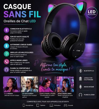 Casque Sans Fil LED Oreilles de Chat – Style, Musique & Fun !