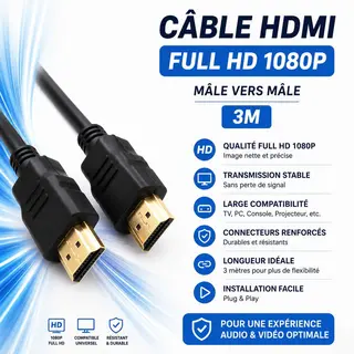 Câble HDMI Full HD 1080p – Mâle vers Mâle – 3M